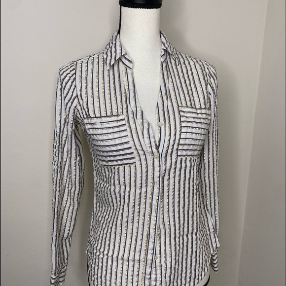 Express The Portofino Shirt Gold White Blue Striped Women's Sz Slim Small - Picture 2 of 9